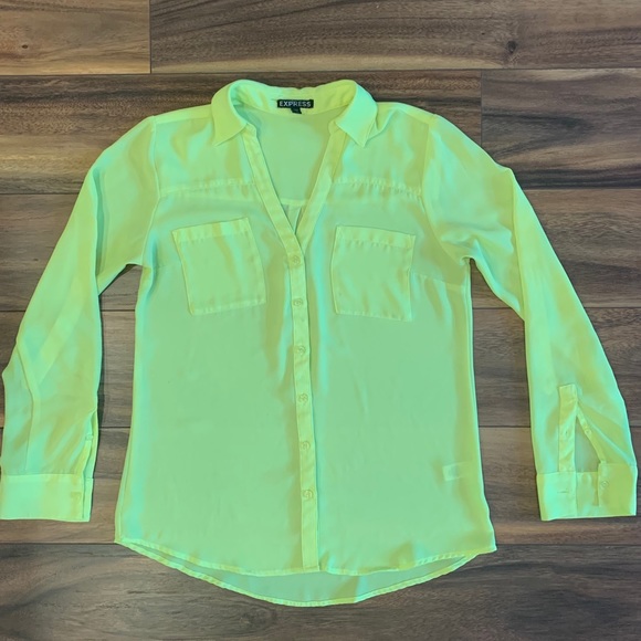 Express— Sheer Lime Green, Long Sleeve Blouse - Picture 1 of 6